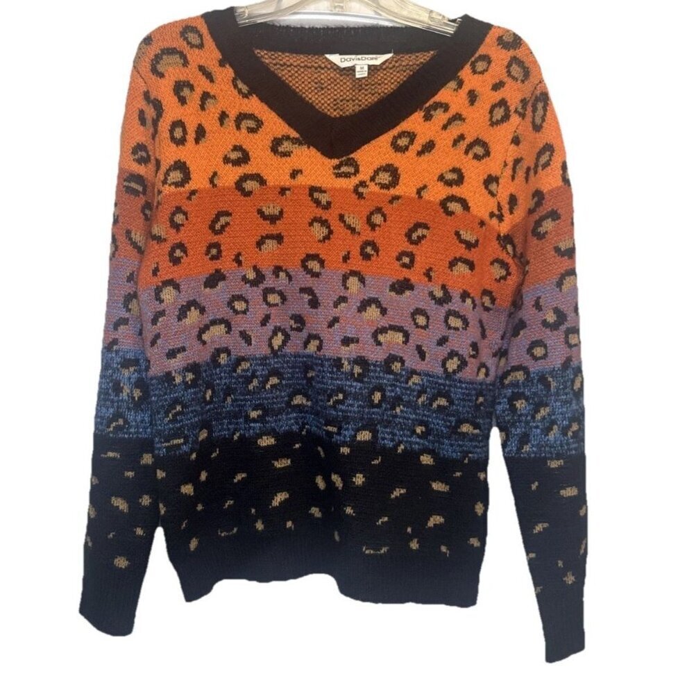 Davi & Dani Color Block Ombré Animal Print V Neck‎ Sweater Sz M Art To Wear
